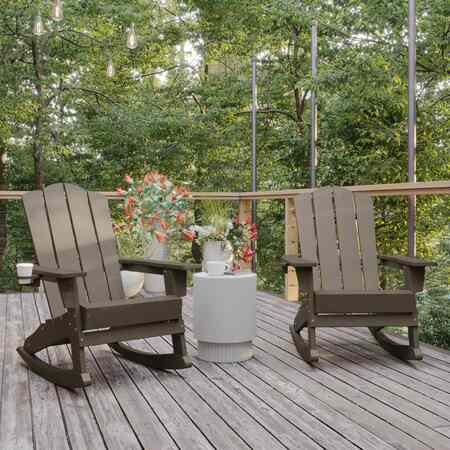 FLASH FURNITURE Newport Adirondack Rocking Chair w/Cup Holder, Weather Resistant HDPE, Brown, 2PK 2-LE-HMP-1044-31-BR-GG